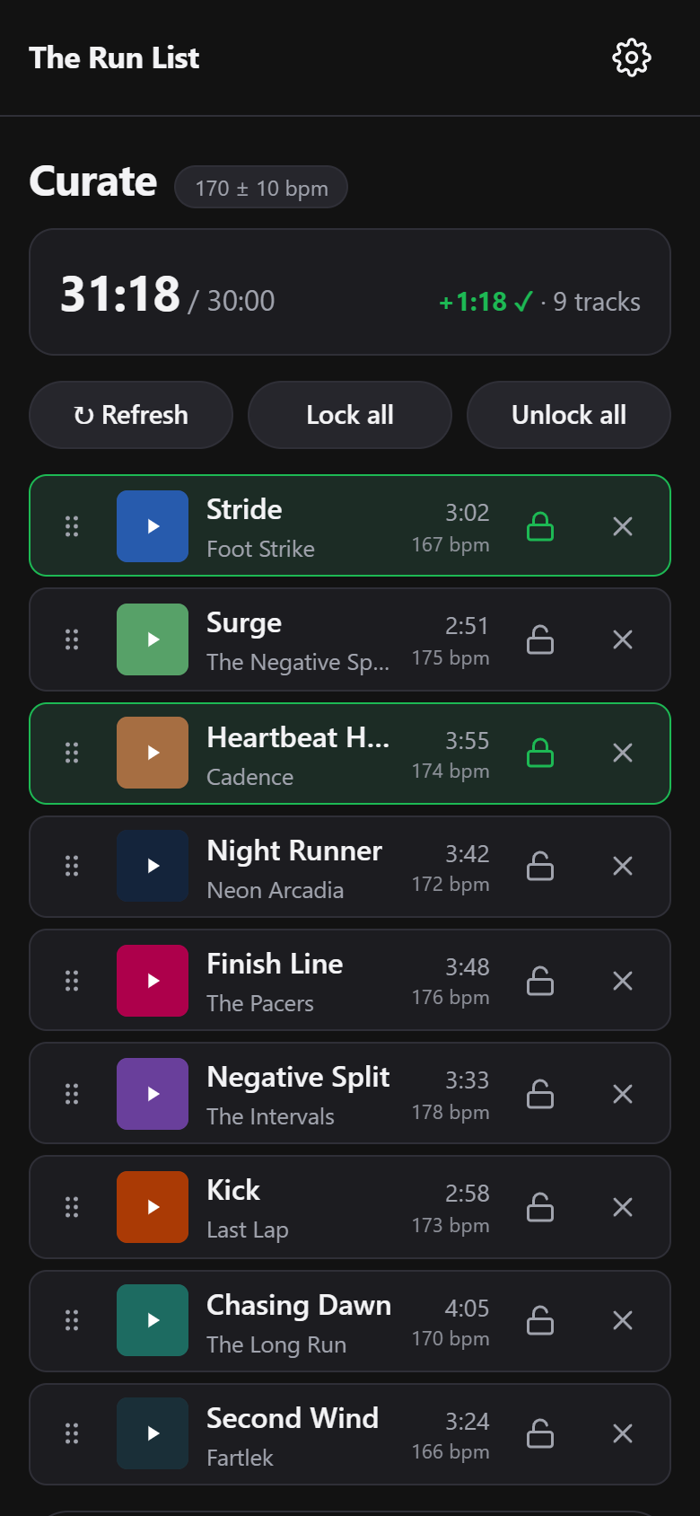 The Run List curate screen: a duration-matched track list with locks and BPM per song